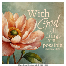 Peach floral teal background rice paper for decoupage, With God all things are possible, Matthew 19:26, Christian craft, D622