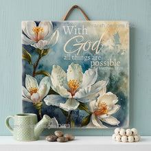 White floral teal background rice paper for decoupage, With God all things are possible, Matthew 19:26, Christian craft, D623