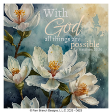 White floral teal background rice paper for decoupage, With God all things are possible, Matthew 19:26, Christian craft, D623