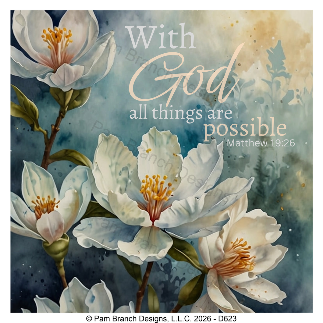 White floral teal background rice paper for decoupage, With God all things are possible, Matthew 19:26, Christian craft, D623