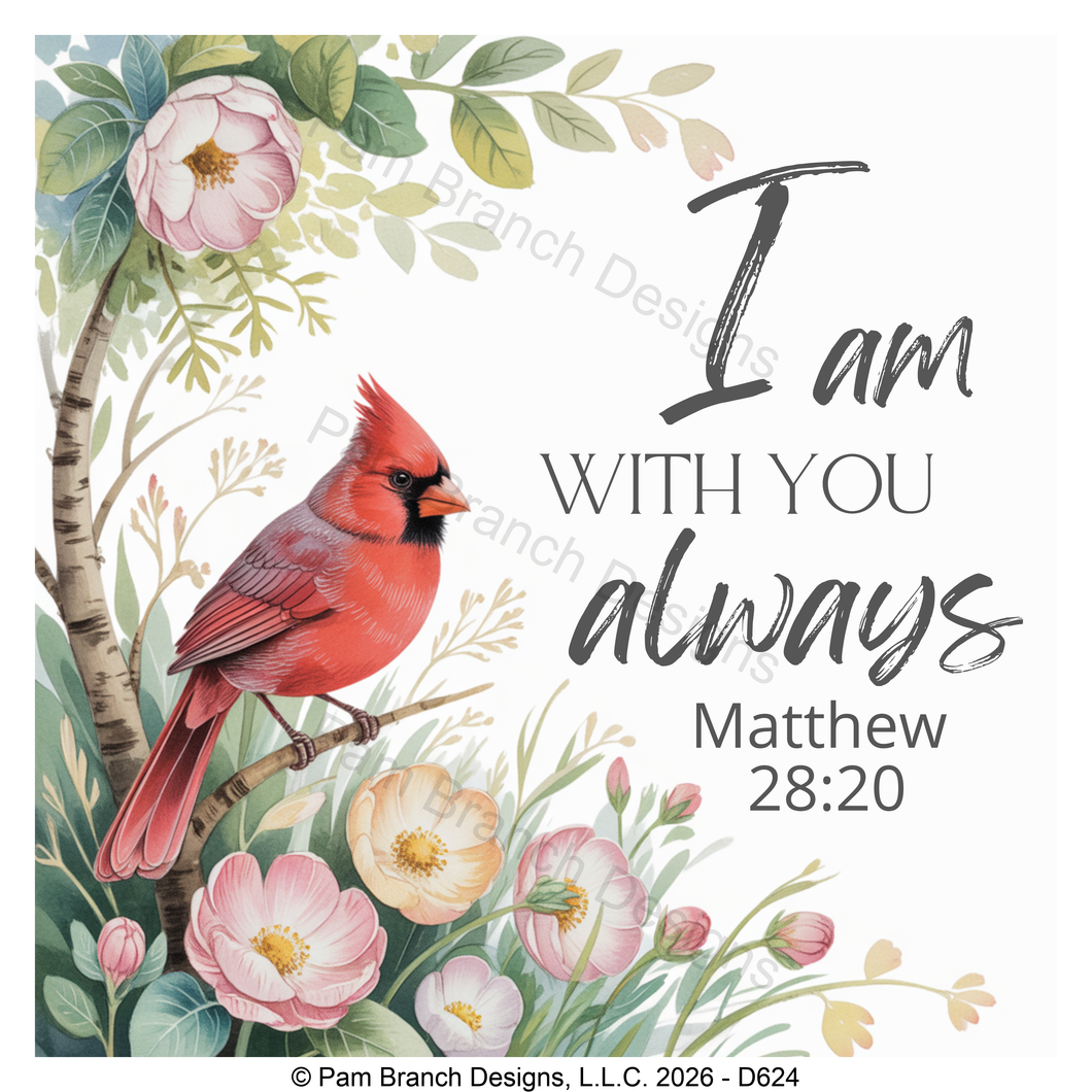 Cardinal floral rice paper for decoupage, I am with you always Matthew 28:20 D624