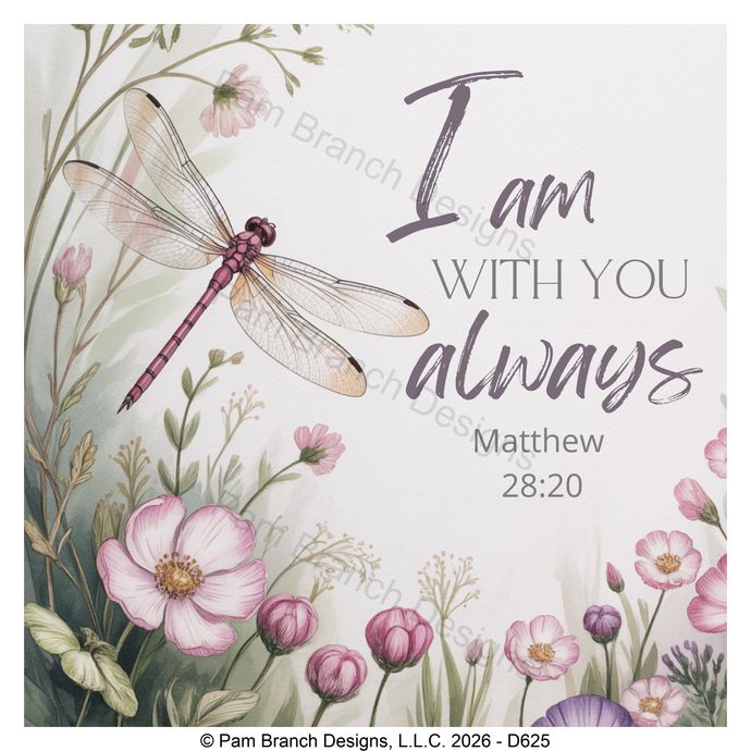 Dragonfly wildflower rice paper for decoupage, I am with you always Matthew 28:20 D625