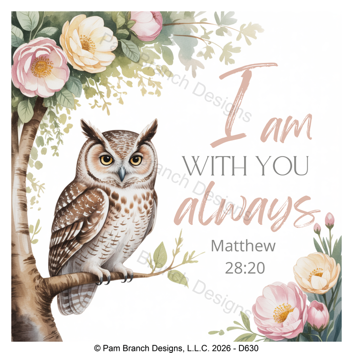 Owl floral rice paper for decoupage, I am with you always Matthew 28:20 D630