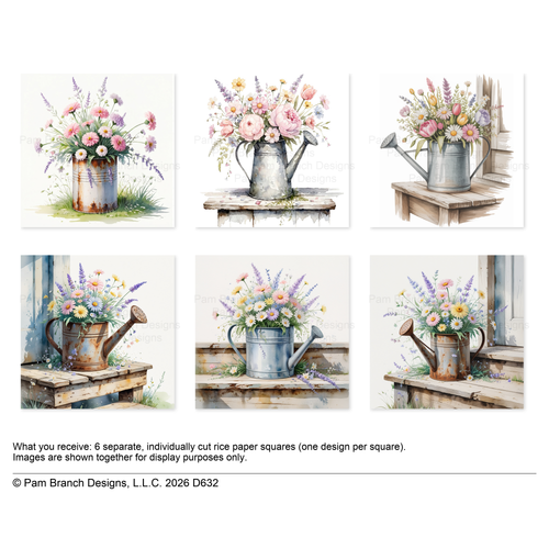 Watering Cans and Tin Can with Flowers, Floral Rice Paper for Decoupage Bundle D632