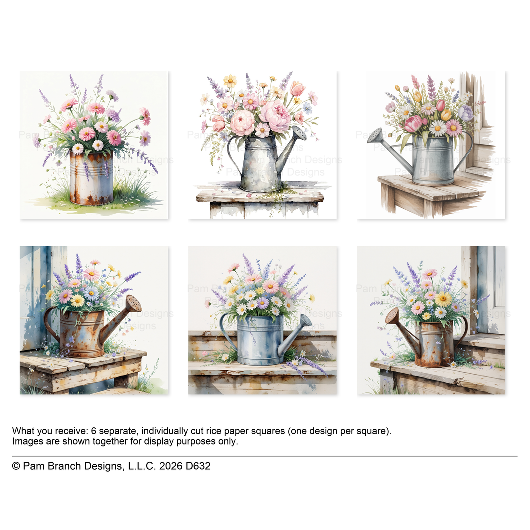 Watering Cans and Tin Can with Flowers, Floral Rice Paper for Decoupage Bundle D632