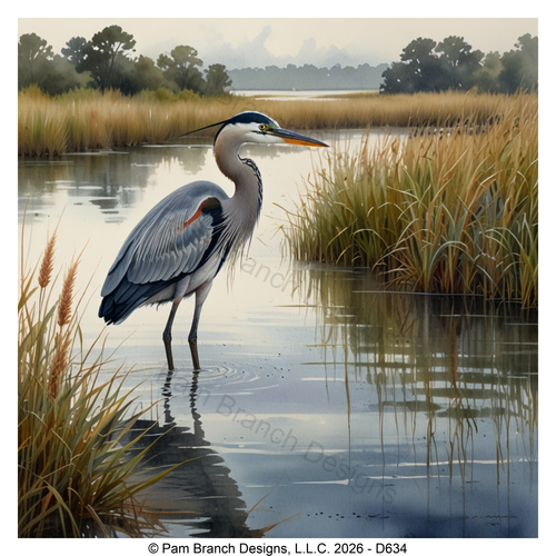 Great Blue Heron Standing in a Coastal Marsh, Rice Paper for Decoupage, D634