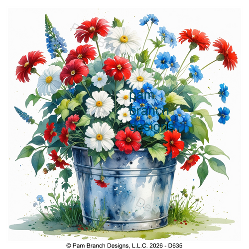 Red White and Blue Flowers in a Vintage Bucket, Rice Paper for Decoupage, D635