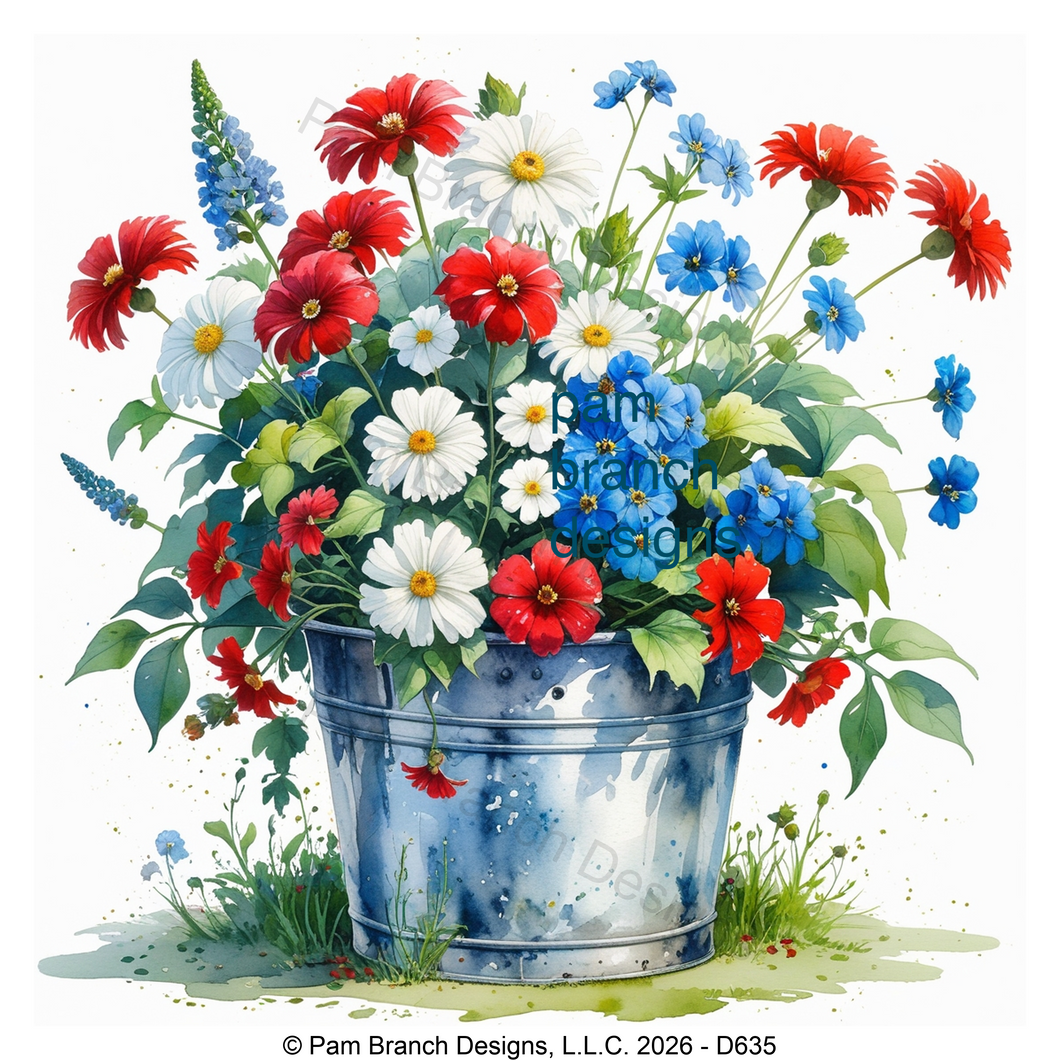 Red White and Blue Flowers in a Vintage Bucket, Rice Paper for Decoupage, D635