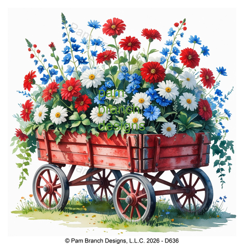 Patriotic Red Wagon Filled with Red White and Blue Flowers, Rice Paper for Decoupage, D636