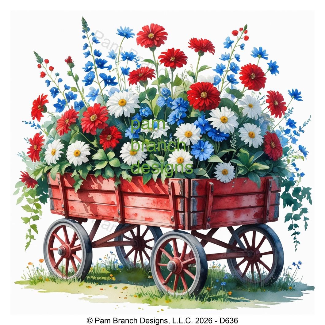 Patriotic Red Wagon Filled with Red White and Blue Flowers, Rice Paper for Decoupage, D636