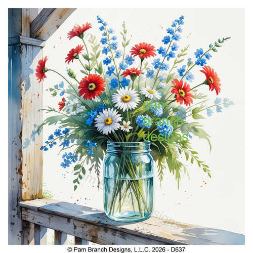 Red White and Blue Wildflowers in a Mason Jar, Patriotic Rice Paper for Decoupage, D637