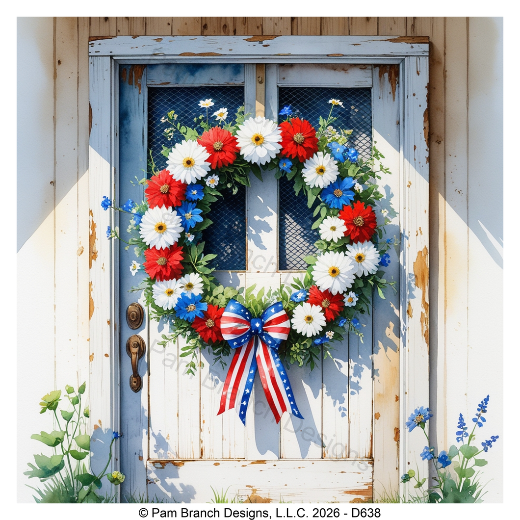 Patriotic Floral Wreath Hanging on a Rustic Door, Rice Paper for Decoupage, D638