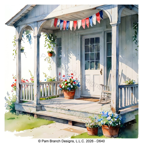 Patriotic Cottage Porch with Flowers and Bunting, Rice Paper for Decoupage, D640