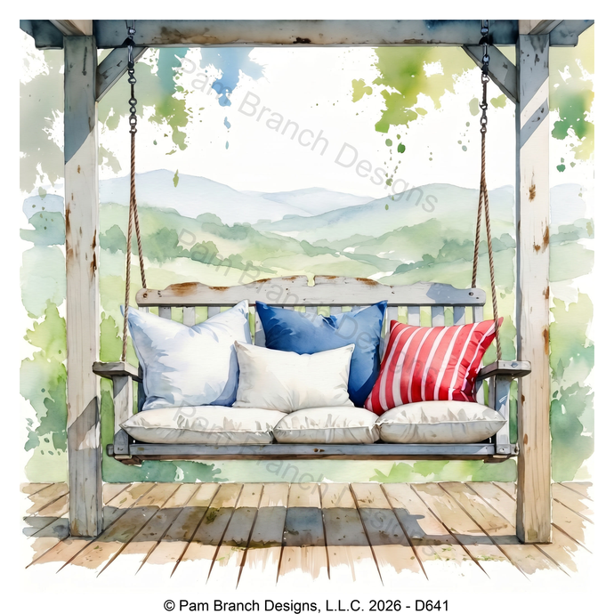 Cozy Porch Swing with Patriotic Pillows, Rice Paper for Decoupage, D641