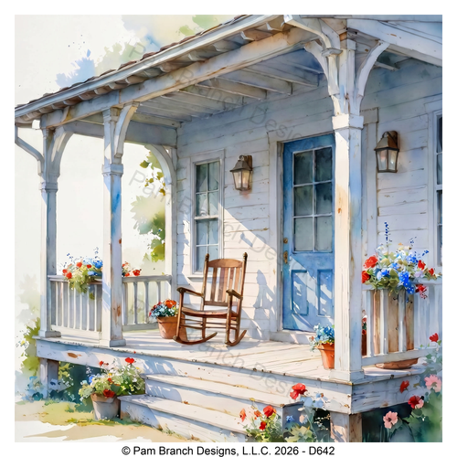 Blue Cottage Porch with a Rocking Chair and Flowers, Rice Paper for Decoupage, D642