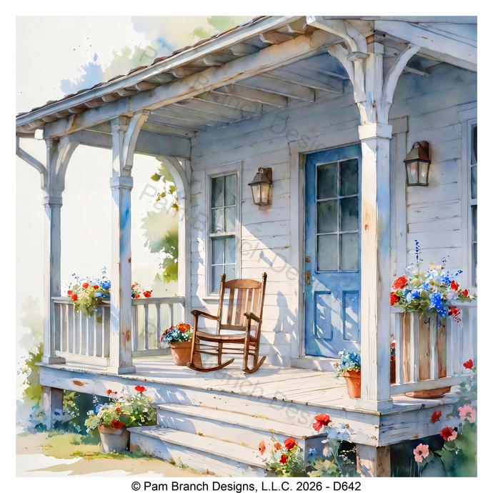 Blue Cottage Porch with a Rocking Chair and Flowers, Rice Paper for Decoupage, D642