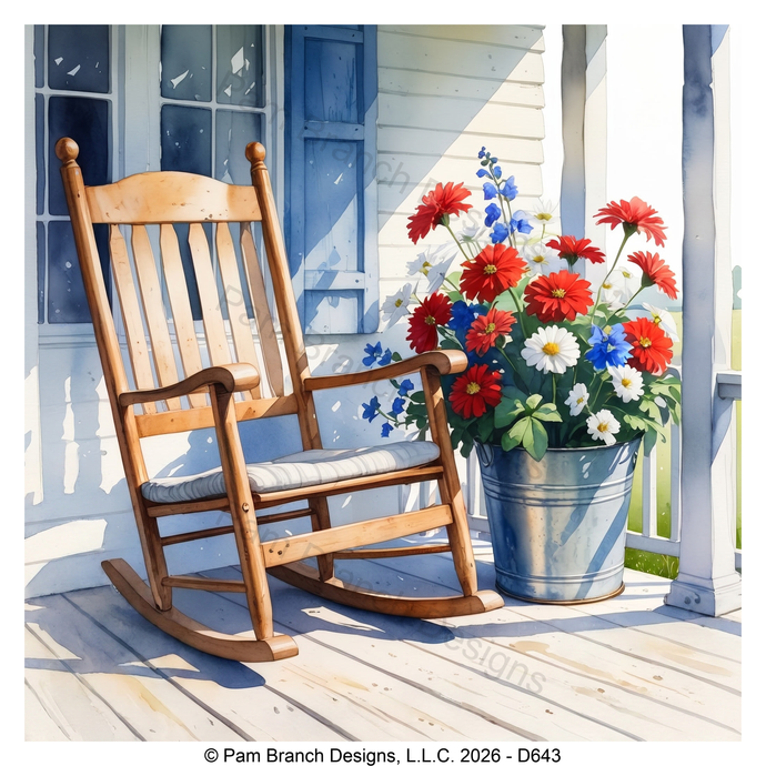Wooden Rocking Chair on a Porch Beside Red White and Blue Flowers, Rice Paper for Decoupage, D643