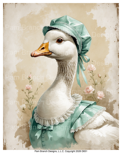 D651 goose in teal bonnet and dress