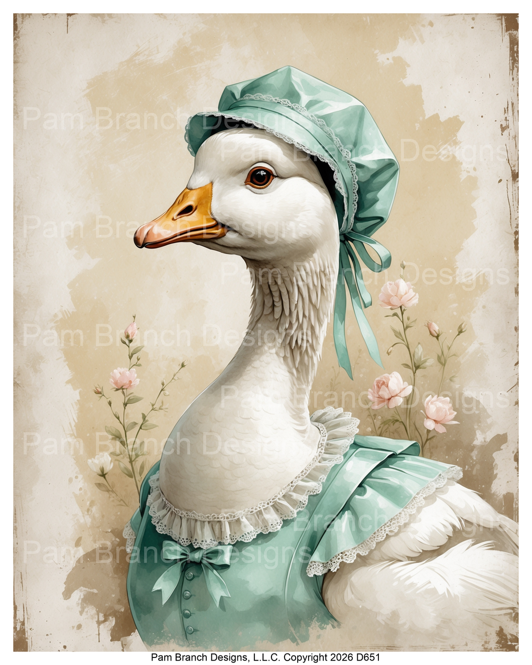 D651 goose in teal bonnet and dress