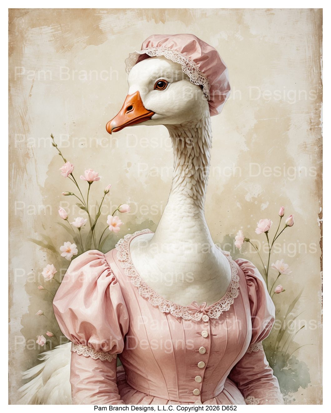 D652 goose in pink bonnet and dress