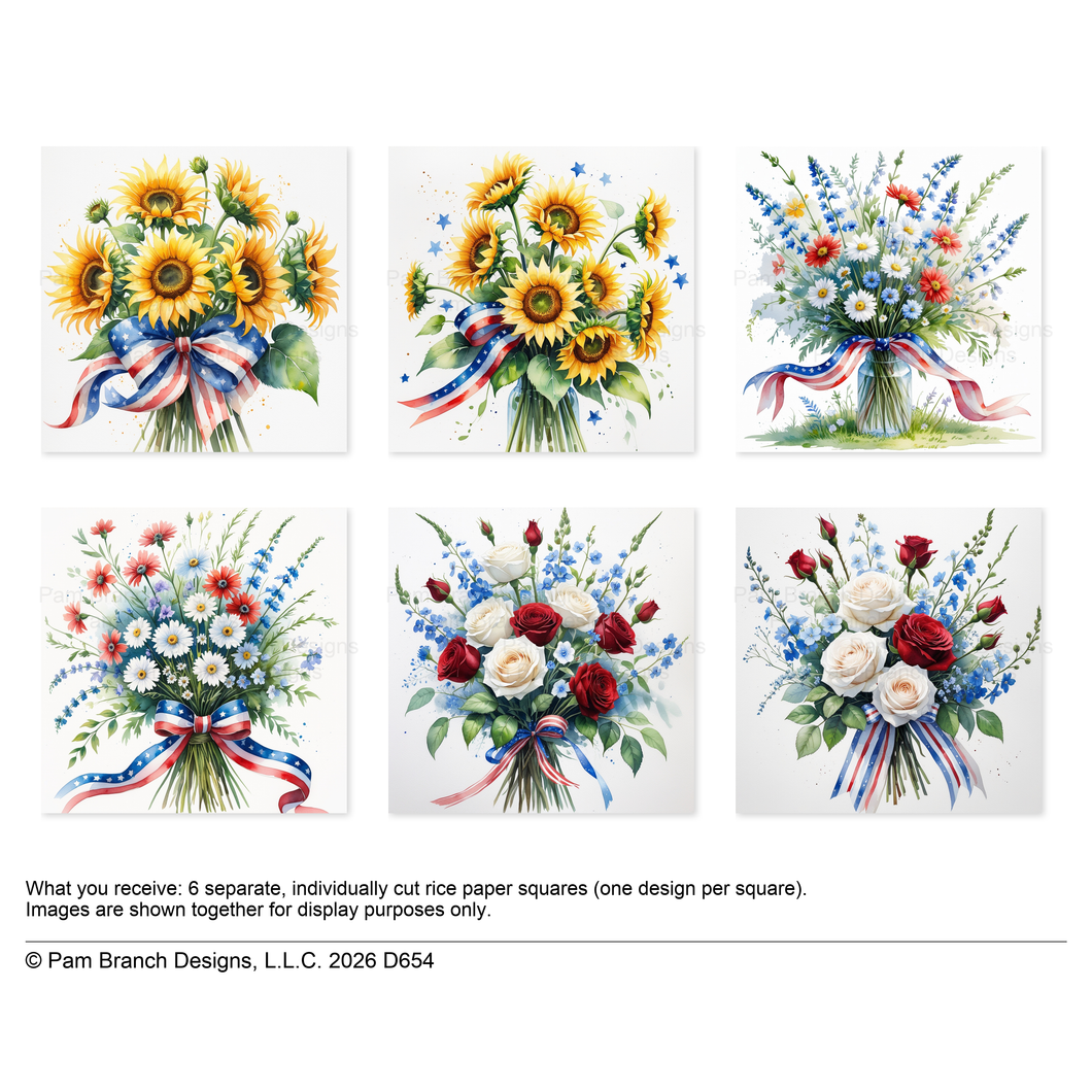 Patriotic Flower Bouquet, Fourth of July, decoupage rice paper bundle, 3 inch, D654