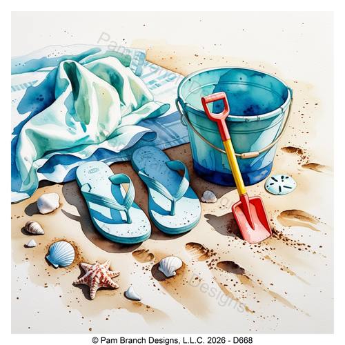 Beach bucket and flip flops, coastal and beach rice paper for decoupage, D668