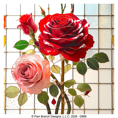 Red and pink stained glass roses, rice paper for decoupage, scrapbooking and more D669