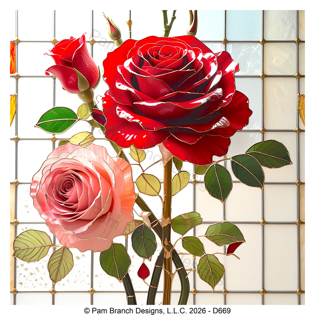 Red and pink stained glass roses, rice paper for decoupage, scrapbooking and more D669