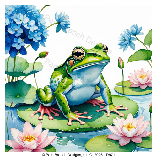 Frog on a lily pad with blue and pink flowers, rice paper for decoupage and other crafts, D671