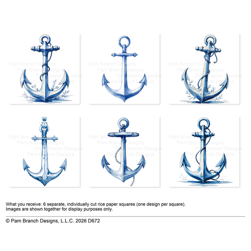 Blue Watercolor Nautical Anchors, decoupage rice paper bundle, 3 inch, D672