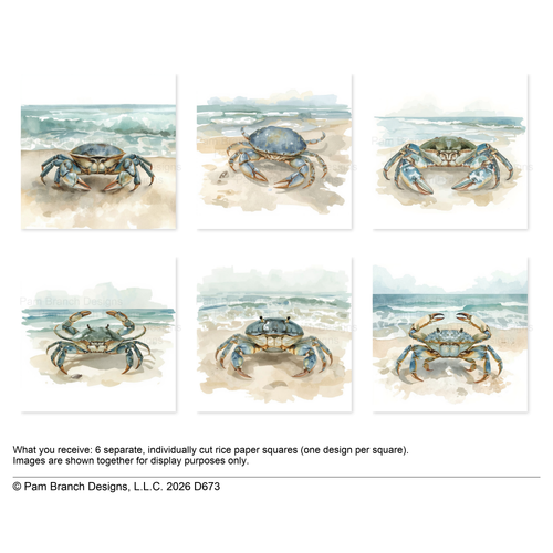Watercolor Coastal Blue Crabs, decoupage rice paper bundle, 3 inch, D673