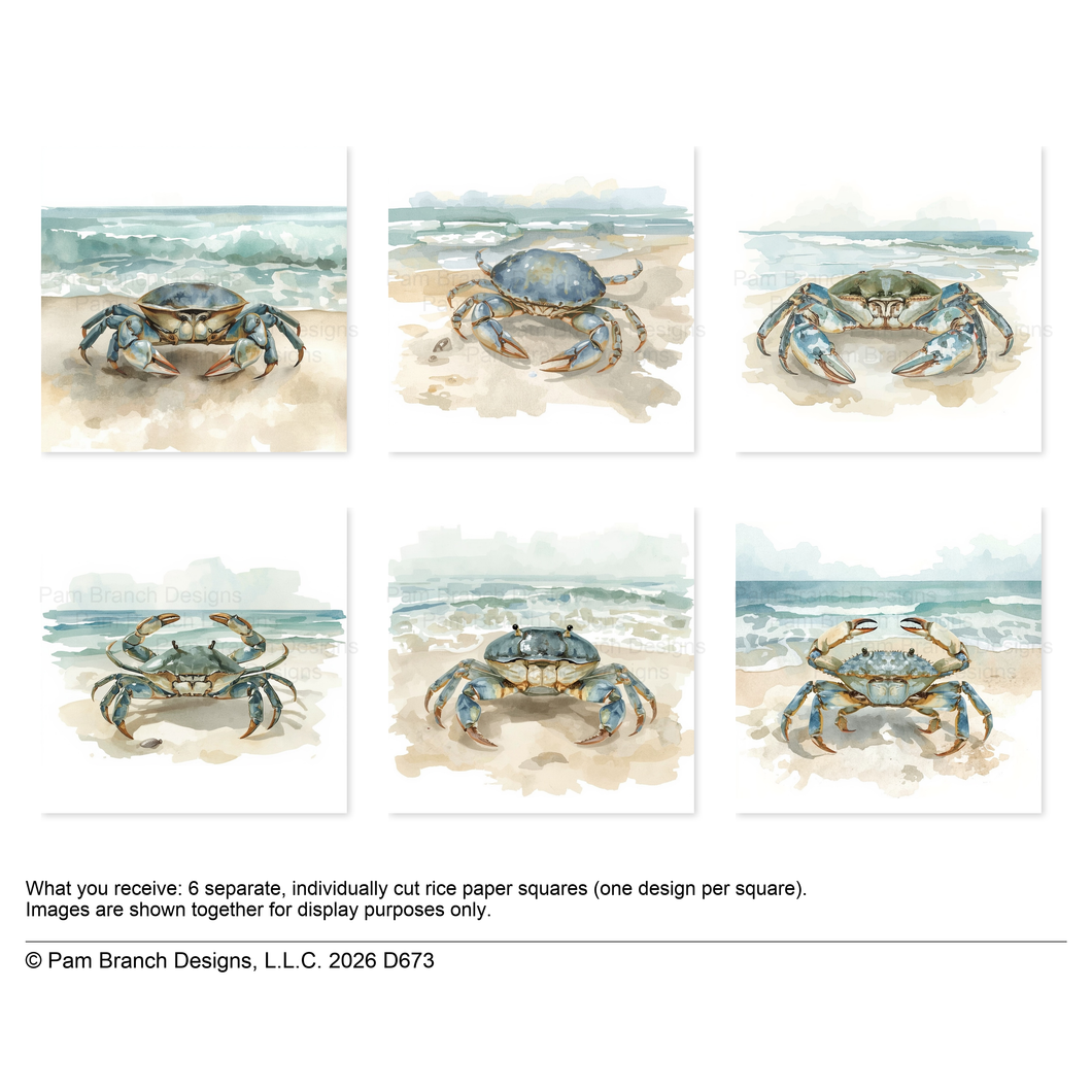 Watercolor Coastal Blue Crabs, decoupage rice paper bundle, 3 inch, D673