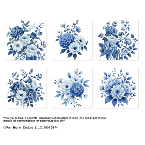 Blue & White Floral Bouquet, decoupage rice paper bundle, 3 inch, D674