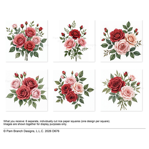 Romantic Pink & Red Roses, decoupage rice paper bundle, 3 inch, D676
