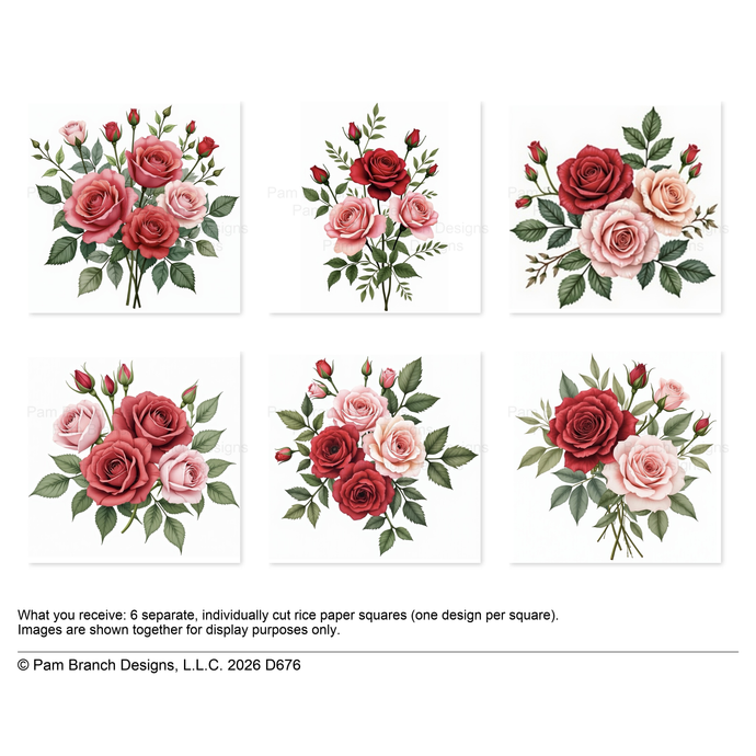 Romantic Pink & Red Roses, decoupage rice paper bundle, 3 inch, D676
