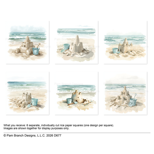 Watercolor Sandcastles, decoupage rice paper bundle, 3 inch, D677