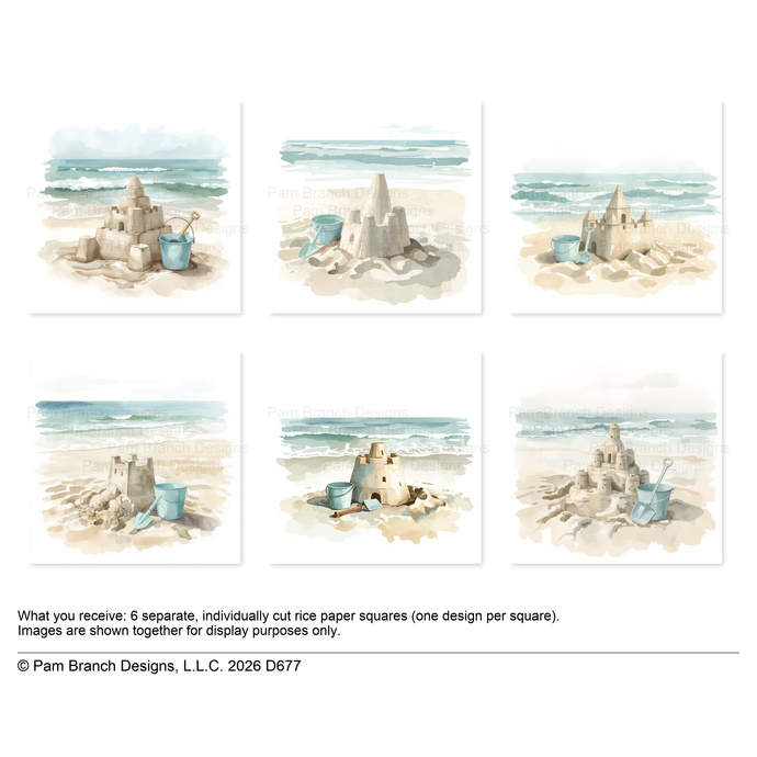 Watercolor Sandcastles, decoupage rice paper bundle, 3 inch, D677