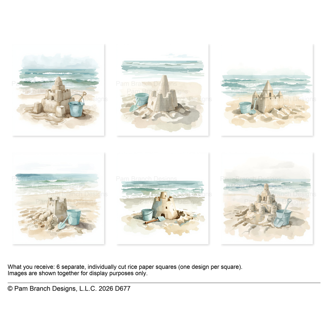 Watercolor Sandcastles, decoupage rice paper bundle, 3 inch, D677