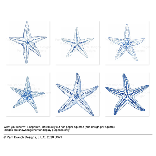 Blue & White Starfish, decoupage rice paper bundle, 3 inch, D679