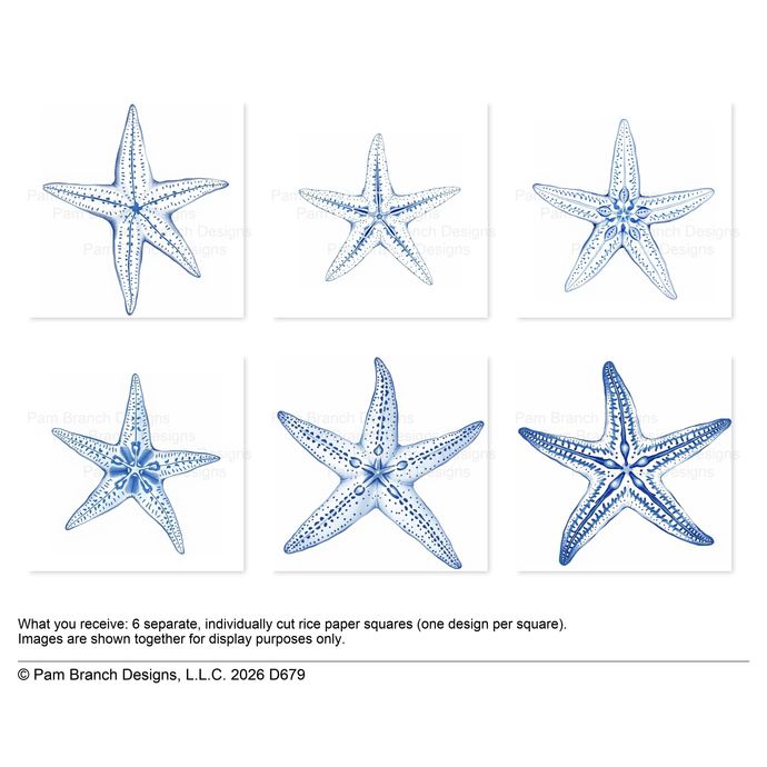 Blue & White Starfish, decoupage rice paper bundle, 3 inch, D679