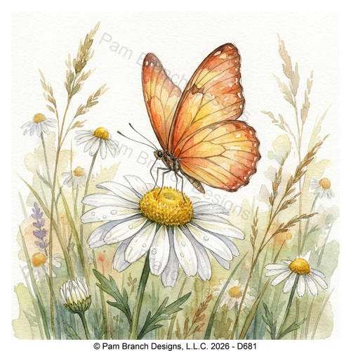Orange butterfly on daisy, rice paper for decoupage, Floral craft supply D681