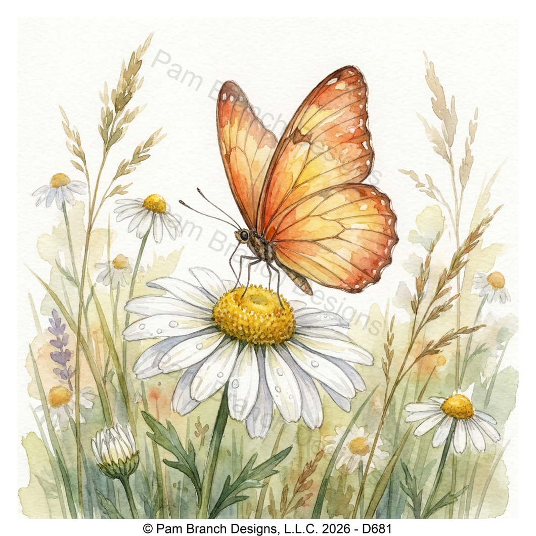 Orange butterfly on daisy, rice paper for decoupage, Floral craft supply D681