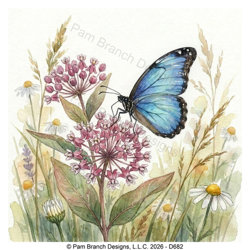 Blue butterfly on wildflowers, rice paper for decoupage, D682