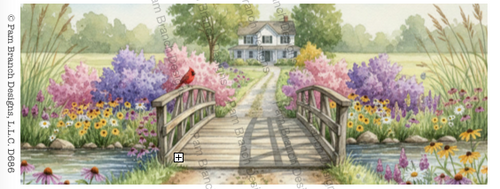 Scenic Bridge, Country home and Butterfly Garden with Cardinal, Rice paper for decoupage  D686