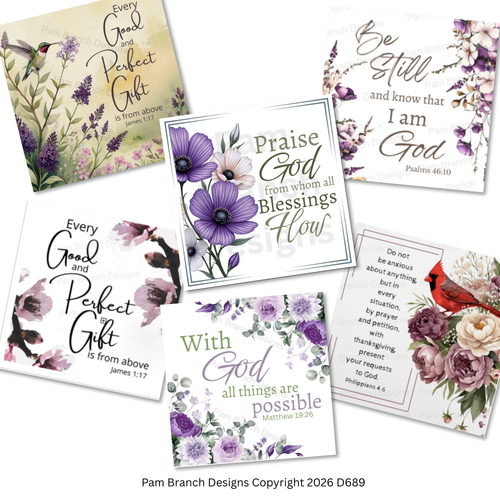 Purple Floral Bible Verse Rice Papers for Decoupage, Christian Scripture Bundle, 12 Pack D689