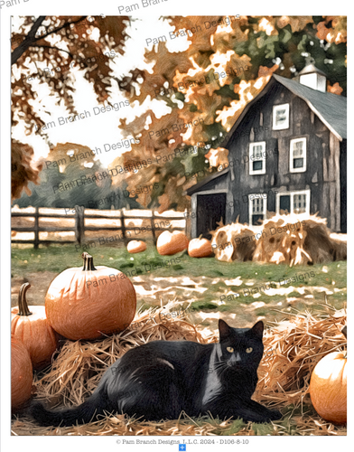 Decoupage Rice Paper for Halloween and Fall, Black Cat, pumpkins and a barn D106