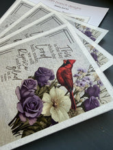 Rice Paper for Decoupage, Purple Flowers and Cardinal with Bible Verse,  "This is the day which the Lord...." D147