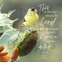 Rice Paper for Decoupage, Goldfinch on a Sunflower with Bible Verse,  "This is the day which the Lord...." D167
