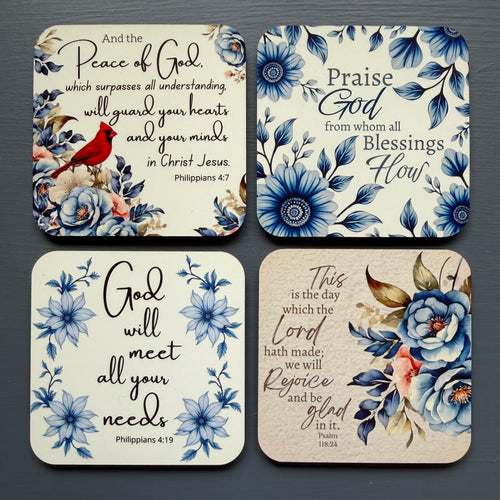 Christian Magnet Set with Bible Verse, Cardinal and Blue Floral, Inspirational Scripture Gift, 3x3 Set of 4 -M1