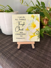 I can do all things through Christ Philippians 4:13 floral ceramic tile on natural wood easel